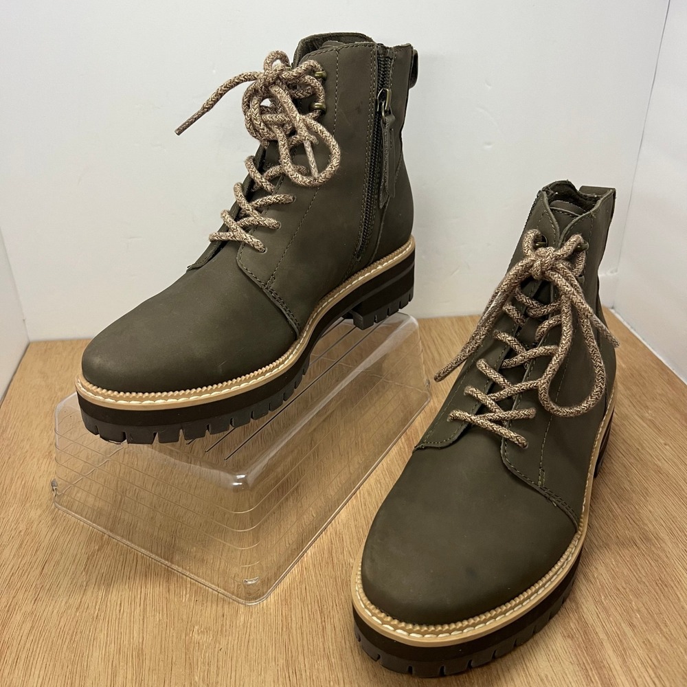 TOMS Wylder Nubuck Leather Water Resistant Ankle Boots Women 7 Olive Fall Winter